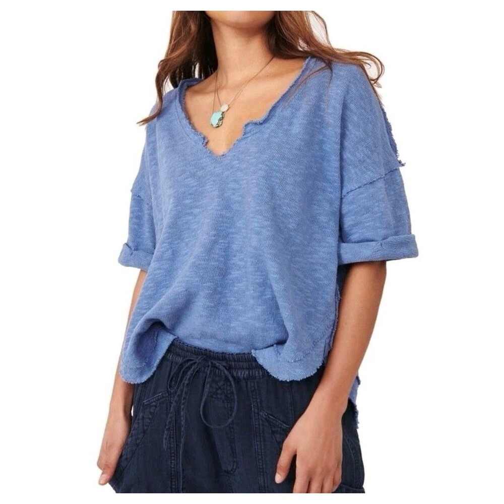 Free People We The Free North Star Oversized Distressed Blue Top Sz M Boho Beach